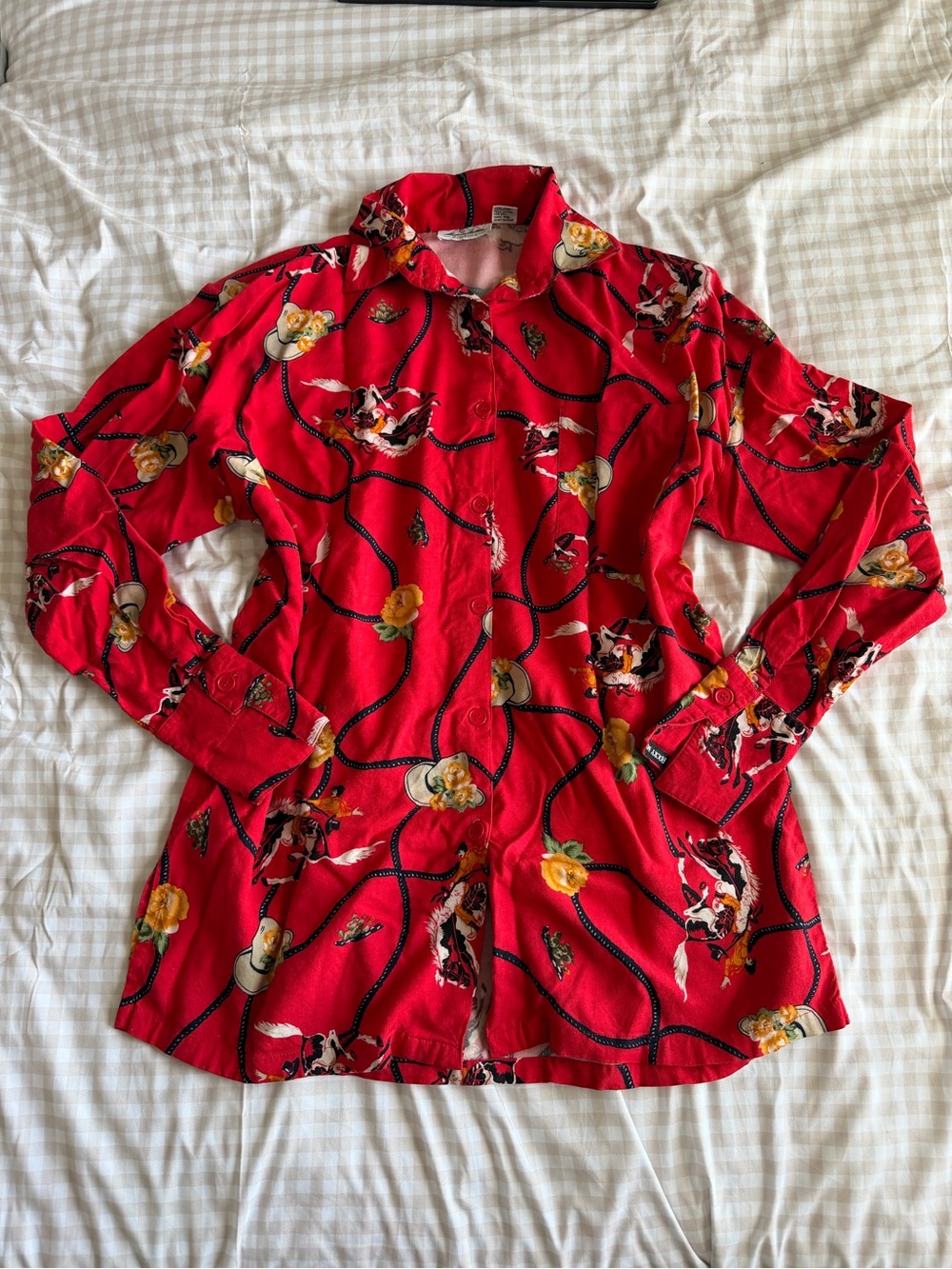 Rockies Vintage Red Western Rodeo Print Button Up Shirt (L)